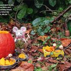 "Geschafft!" Ein Kürbis wird von kleinen Figuren ausgehöhlt, darunter eine Maus und ein Eichhörnchen, mit Laub und Moos.