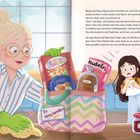 Text: "Küchen-Reiniger", "Zu verschenken", "Flakes", "Cookies", "Nudeln", "Mais-Stärke". 

Zwei Personen in der Küche. Eine Frau reinigt, eine erschrocken. Verpackungen und ein Putztuch sind sichtbar.