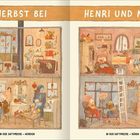 "HERBST BEI HENRI UND MIKO" zeigt herbstliche Szenen mit niedlichen Tieren, die Laub sammeln, backen und entspannen.