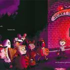 „Willkommen alle, klein und groß, kommt mit, die Gruseltour geht los!“ steht in einer lebhaften Halloween-Illustration.