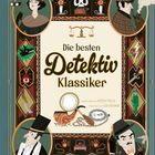 Text: "Die besten Detektiv Klassiker." Illustration mit Detektiven und typischen Detektiv-Utensilien wie Lupe und Pfeife.