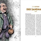 Text: E.T.A. Hoffmann, Der Sandmann (1816). Illustration: Ein lachender Mann in altmodischer Kleidung mit einem Beutel.