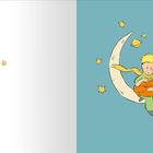 Öffne diese Seite, wenn du traurig bist. Illustration: Kleiner Junge mit Fuchs sitzt auf Mond, umgeben von Sternen.