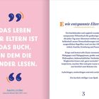 Links: „Das Leben der Eltern ist das Buch, in dem die Kinder lesen.“ Unten steht „Augustinus von Hippo“. Rechts: „E wie entspannte Eltern sein“. Ein Text beschreibt ein bestärkendes Wörterbuch für Eltern mit Zitaten und lädt zum Relaxen ein. Unten steht die Zahl 3.