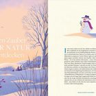 Text: "Den Zauber der Natur entdecken". Illustration: Winterlandschaft mit Bäumen und einem Schneemann.