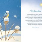 "Weihnachten" Gedicht von Joachim Ringelnatz. Illustration: Vogel auf verschneiten Disteln, blauer Himmel mit Schneeflocken.