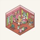 Ein kleiner, gemütlicher Laden mit niedlichen Tierfiguren, die Kleidung anprobieren; Regale mit bunten Kleidungsstücken.