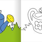 Illustration: Eine blaue Gießkanne mit einer roten Blume und einem Marienkäfer darauf. Links farbig, rechts schwarz-weiß.