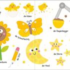 "Gelb" ist das Hauptthema. Illustrationen: Zitrone, Schmetterling, Banane, Sonne, Küken, Biene, Stift, Mond, Raupenbagger, Ente, Sterne.