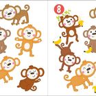 7: Sieben Affen. 8: Acht Bananen. Illustration von fröhlichen Affen, die spielen und Bananen essen.