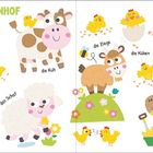 „Auf dem Bauernhof“: Niedliche Tiere wie Hühner, Kühe, Ziege, Schwein, Schafe, Gänse und ein fröhliches Pferd in Cartoon-Stil.