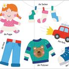 Spielzeugillustration mit Schnuller, Puppe, Socken, Stiften, Teddy, Hose, Auto, Pullover, Schuh, Quietscheente.