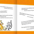 Sechs humorvolle Fragen mit Antworten, darunter:
1. Elefanten-Foto.
2. Zebrastreifen wegen Punkte.
Cartoon von Hund und Katze.