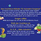 Dein Countdown-Kalender für besondere Ereignisse! Ereignis wählen. Stelle den Countdown ein. 10, 9, 8... Zähle rückwärts! Bunte Illustration mit fröhlichem Frosch.