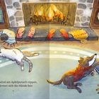 Ein gemütliches Zimmer mit Kaminfeuer, zwei Kinder und Tiere liegen auf dem Teppich. Schals und Tassen sind verteilt.