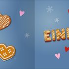 Text "EINLEITUNG" in Lebkuchenoptik, umgeben von Herzen und Schneeflocken auf blauem Hintergrund.