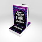 Text: "C. K. McDonnell. Bunny McGarry und die Engel im Mondschein. Ein Dublin-Krimi." Bücher mit violetten und blauen Designs.
