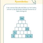 "Pyramidenbau. In der untersten Zeile sollen alle Zahlen von 1 bis 6 stehen." Eine leere Zahlenpyramide mit 94 oben.