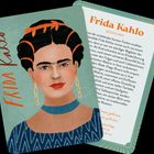 Text: "Frida Kahlo" und "Künstlerin". Illustration von Frida Kahlo, auffälliger Schmuck, farbenfrohes Kleid.