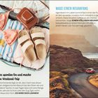 14. Fahre spontan los und mache einen Weekend-Trip.  
15. Wage einen Neuanfang.  
Links, ein offener Koffer mit Reiseutensilien. Rechts, ein Auto auf kurviger Küstenstraße.