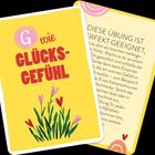 Vorderseite: "G wie Glücksgefühl". Illustration mit Blumen. Hintergrund gelb. Rückseite: Text über eine geeignete Übung.