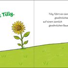 „Das ist Tilly.“ zeigt ein fröhliches rosa Schwein, eine Sonnenblume, eine Henne und eine Scheune in einer Illustration.