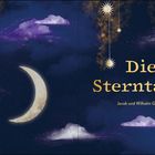 „Die Sterntaler“ von Jacob und Wilhelm Grimm, Illustration: Nacht mit Mondsichel, Wolken und hängenden leuchtenden Sternen.