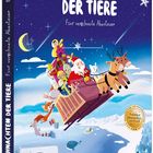 "Weihnachten der Tiere. Fünf verschneite Abenteuer." Illustration: Ein Schlitten mit Tieren und Weihnachtsmann im Nachthimmel.