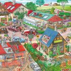 Ein belebter Bauernhof mit Menschen, die verschiedene Tätigkeiten ausführen. Tiere, Fahrzeuge und Pflanzen sind zu sehen.