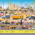 Texte: Suche den Bagger, grünen Reifen, Straßenwalzen, Fahrzeuge, Sicherheitsweste, Architekt, Pylonen, grüne Schubkarre.  
Illustration: Baustelle mit Fahrzeugen, Bauarbeitern und Kränen.