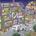 Mehrere offene Häuser mit Menschen bei Alltagsaktivitäten, ein Pizza-Lieferwagen, klare Nacht.