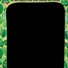 Platz für kreatives Kratzeln: Grüne Blätter als Rahmen und ein kleiner blauer Dinosaurier oben rechts.