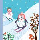 Ein Pinguin und ein Schneemann fahren Ski den Hang hinunter. Ein Eichhörnchen und eine Eule sitzen im Baum. Verspielte Schneeflocken fallen.