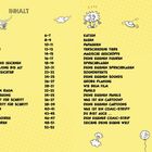 In der Mitte steht "INHALT". Links: Themen wie Utensilien bis Hunde mit Seitenzahlen. Rechts: Katzen bis Cartoon-Welt. Verspielte Zeichnungen wie Wolke, Vogel, UFO.