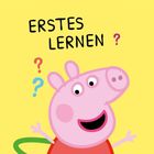 "ERSTES LERNEN" in Schwarz auf gelbem Hintergrund. Ein Cartoon-Schwein mit Hula-Hoop-Reifen, umgeben von Fragezeichen.