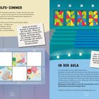 "Im Erste-Hilfe-Zimmer" und "In der Aula" lauten die Überschriften. Notizen enthalten Anweisungen zu Stickern und Hinweisen.