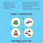 "So benutzt du deinen Wassermalstift" gefolgt von Anweisungen. Es folgen vier nummerierte Illustrationen. Unten: "Rätselaufgabe: Wie viele Vögel zählst du?"