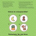 "So benutzt du deinen Wassermalstift: Fülle frisches Trinkwasser. Entdecke die verborgenen Bilder! Rätselaufgabe: Wie viele Sterne zählst du?" Darunter Illustrationen von Mond, Rakete, Topfpflanze und Katze. Hintergrund grün mit Tropfenmuster.