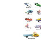 Eine Sammlung von Fahrzeugillustrationen mit Beschriftungen wie: Bus, Traktor, Vespa, Polizeiauto, Feuerwehr.