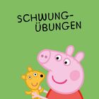 Text: "MEIN LERNSPIELHEFT", "SCHWUNGÜBUNGEN". Illustration eines fröhlichen Schweinchens mit einem gelben Spielzeug.
