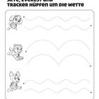 „Skye, Everest und Tracker hüpfen um die Wette.“ Zeichnungen von drei Welpen neben gepunkteten Linien.