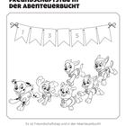 Freundschaftstag in der Abenteuerbucht. Fahnenkette mit 1, 3, 5. Fünf fröhliche Welpen darunter. Aufgabe: Zahlen ausfüllen und ausmalen.