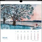 Januar, Kalender. Aquarell: Winterlandschaft mit schneebedecktem Baum, Bank, See und Rettungsring.