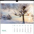 Januar. Kalender mit Tagen vom 1. bis 31. Winterlandschaft mit Schloss am See, Schnee bedeckt den Boden und die Bäume.