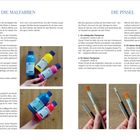 "Die Malfarben" und "Die Pinsel" in großen blauen Buchstaben. Text zu Farben und Pinseln mit Fotos von Acrylfarben und Pinseln.