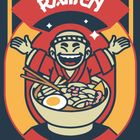 Logo-Illustration: Oben "RAMEN", unten "NOODLE". Ein fröhlicher Koch in Rot mit einer Schüssel Ramen und Eiern.