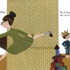 Texte: Hatte ich Hunger, brauchte ich bloß "Mama" zu schreien und sie gab mir zu essen. War mir langweilig, brauchte ich bloß Mama zu rufen und sie spielte mit mir. Links: Kind mit Krone, Löffel und Gabel, Mama serviert Essen. Rechts: Kind mit Krone, Mama mit Puppen. Collage-Stil.