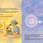 Links: Eine Frau im blauen Kittel betrachtet ein Mikroskop. Rechts: Eizelle und Spermium im Weltraum.