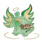 Illustration: Grüner Engel mit goldenen Flügeln, Heiligenschein und schlafender Katze im Arm.