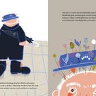 Links ein Mann mit blauem Hut, Schirm und Stiefeln. Rechts sein Kopf mit Blumen auf dem Hut. Texte beschreiben seine Gedanken.